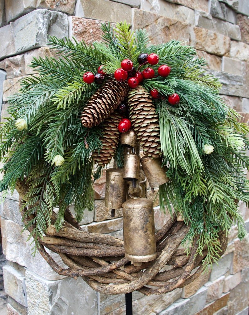 Rustic Boho Christmas Wreath Pinecone Bell Front Door Decor