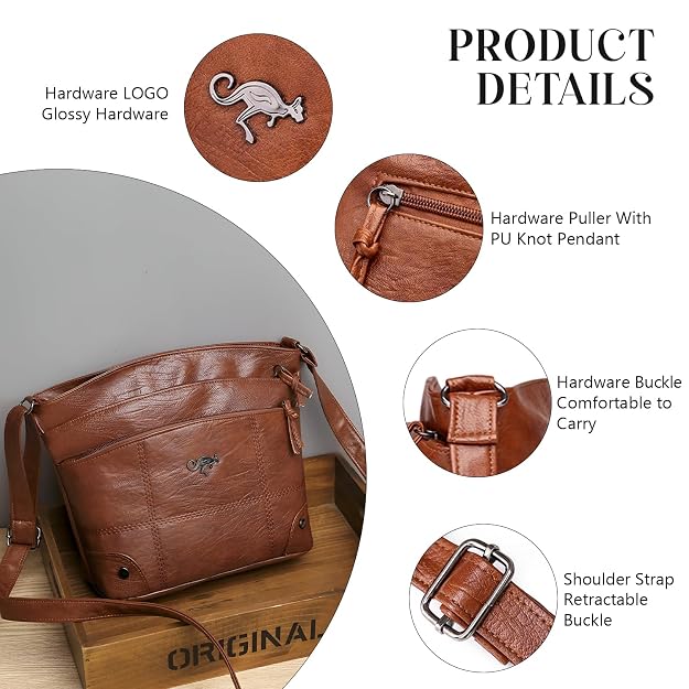 Vintage Leather Shoulder Bag with Adjustable Strap and Pockets